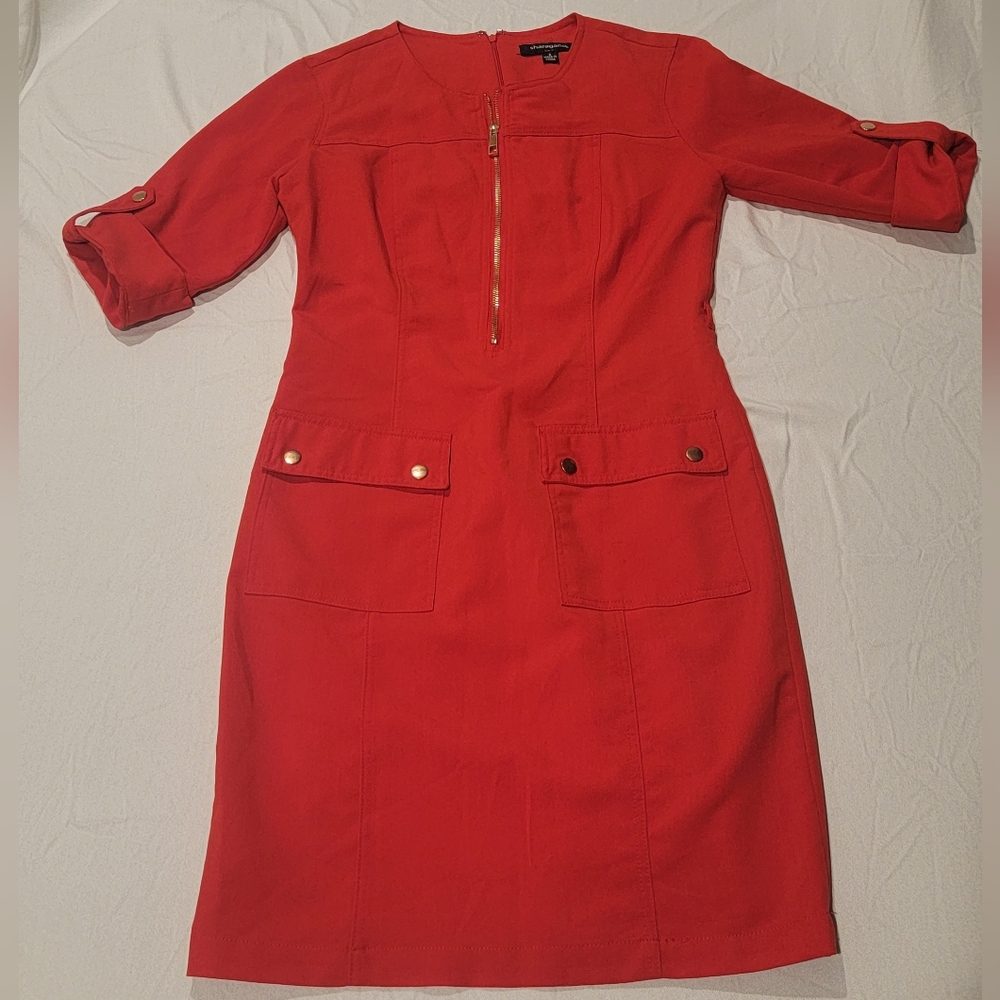 Red Short Sleeve Two-Pocket Dress; Sharagano; Size 6
